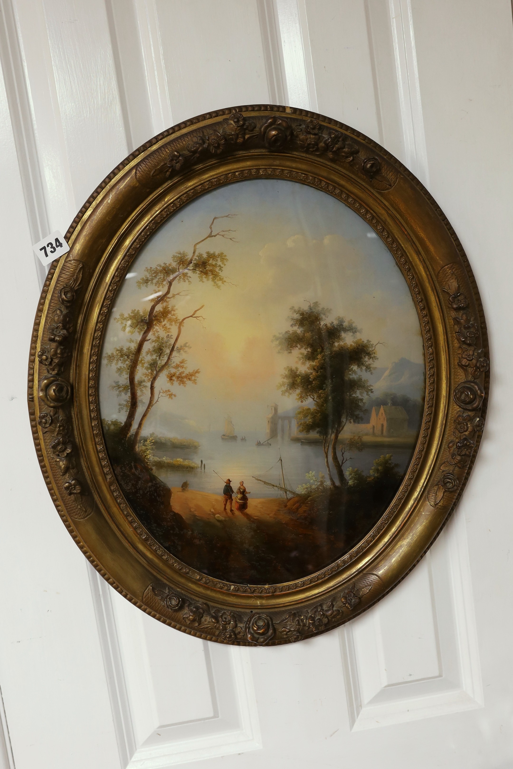 19th century Continental School, reverse painting on glass, Harbour scene at sunrise, 40 x 32cm